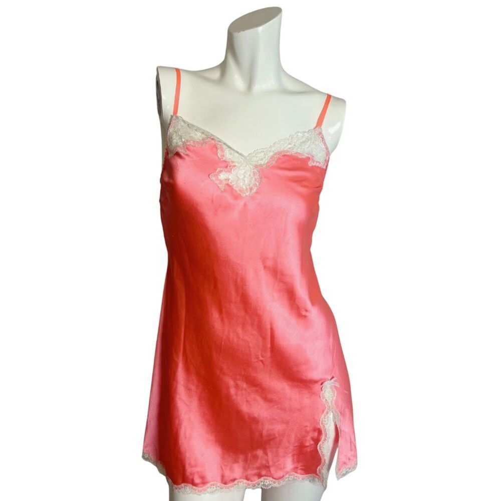 Y2K Vintage Victoria's Secret VS Neon Pink Slip Dress Lace Trim Bows Size S